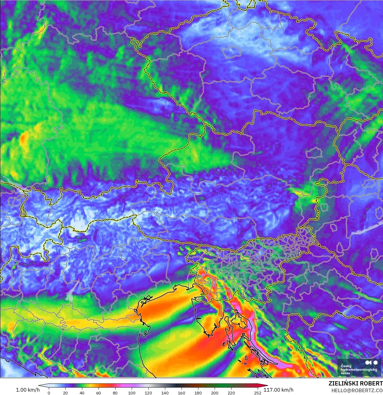 ALADIN CZ 2.3 km model - Austria, Wind Gusts