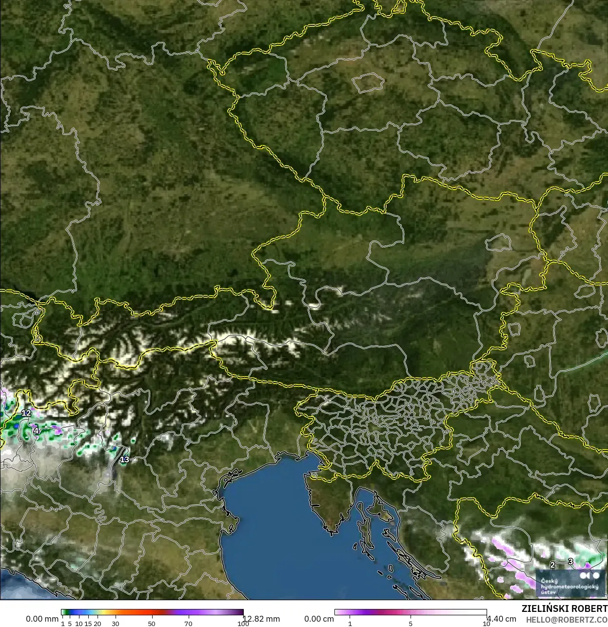 ALADIN CZ 2.3 km model - Austria, Precipitation, Clouds, and Pressure