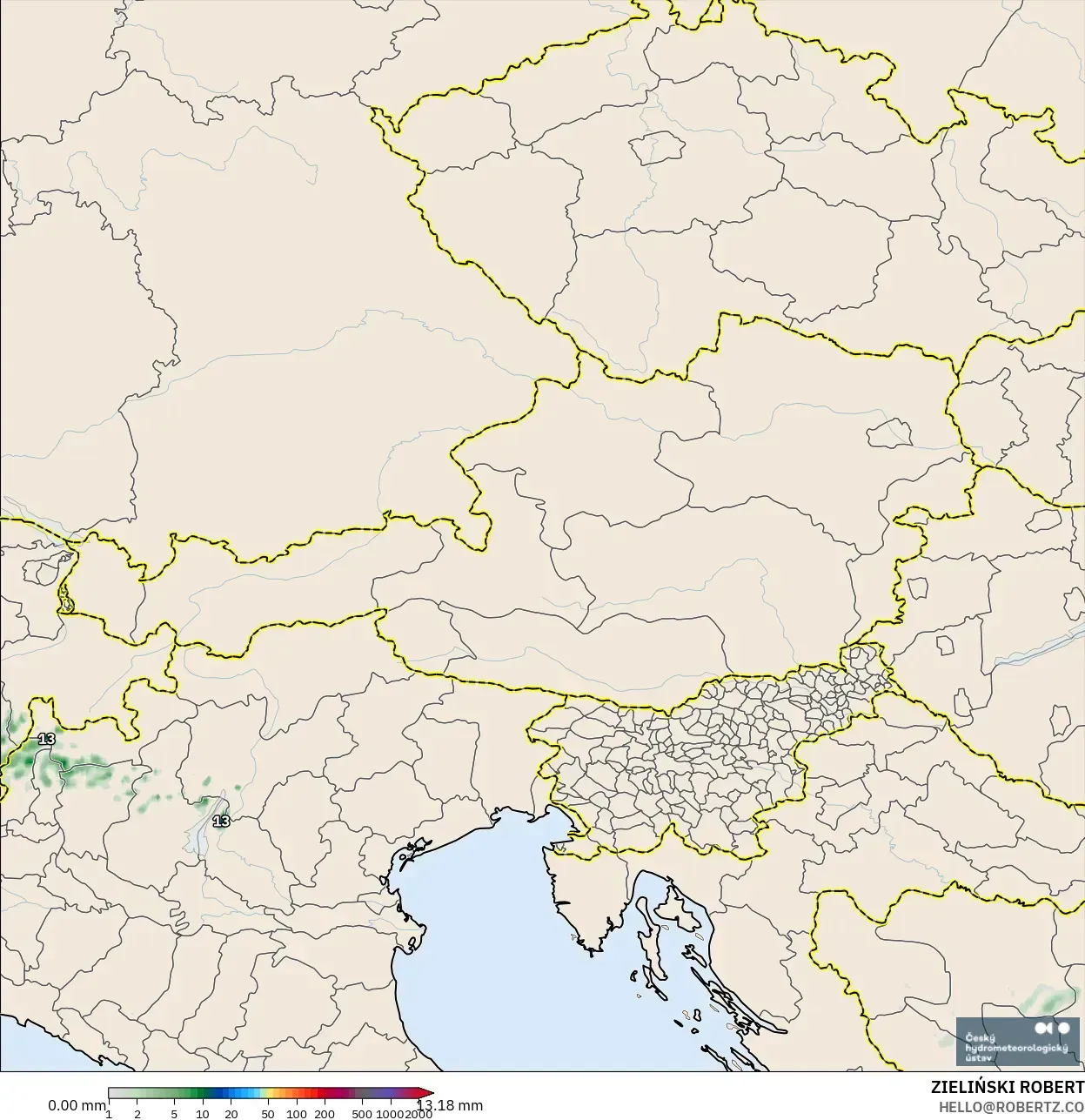 ALADIN CZ 2.3 km model - Austria, Precipitation Accumulation