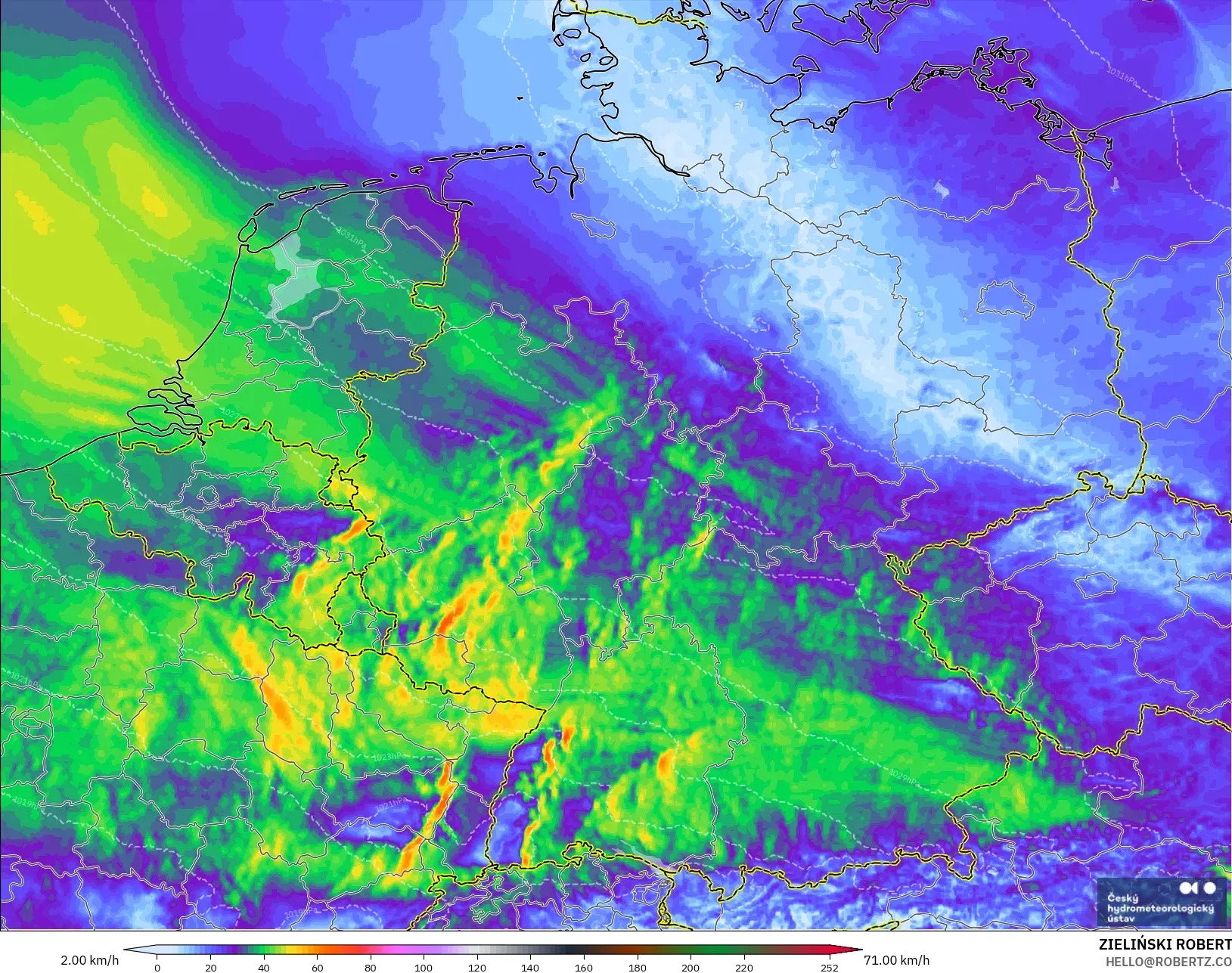 ALADIN CZ 2.3 km model - Germany, Wind Gusts Peak