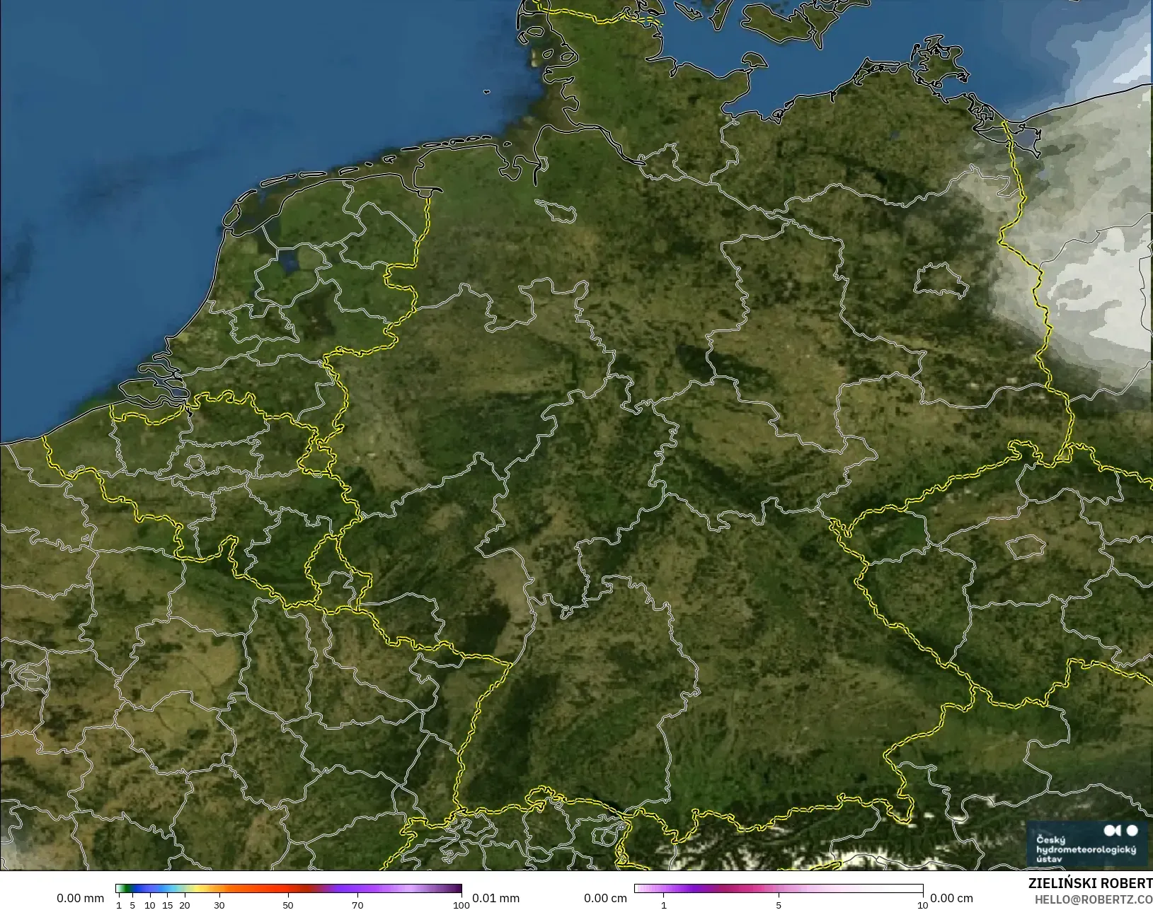 ALADIN CZ 2.3 km model - Germany, Precipitation, Clouds, and Pressure