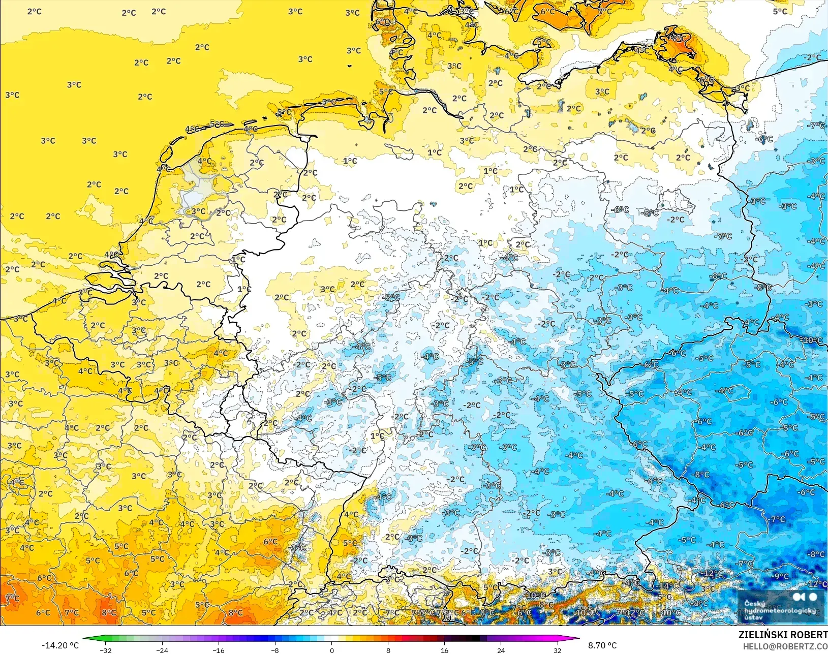 ALADIN CZ 2.3 km model - Germany, Temperature at 2m Anomaly