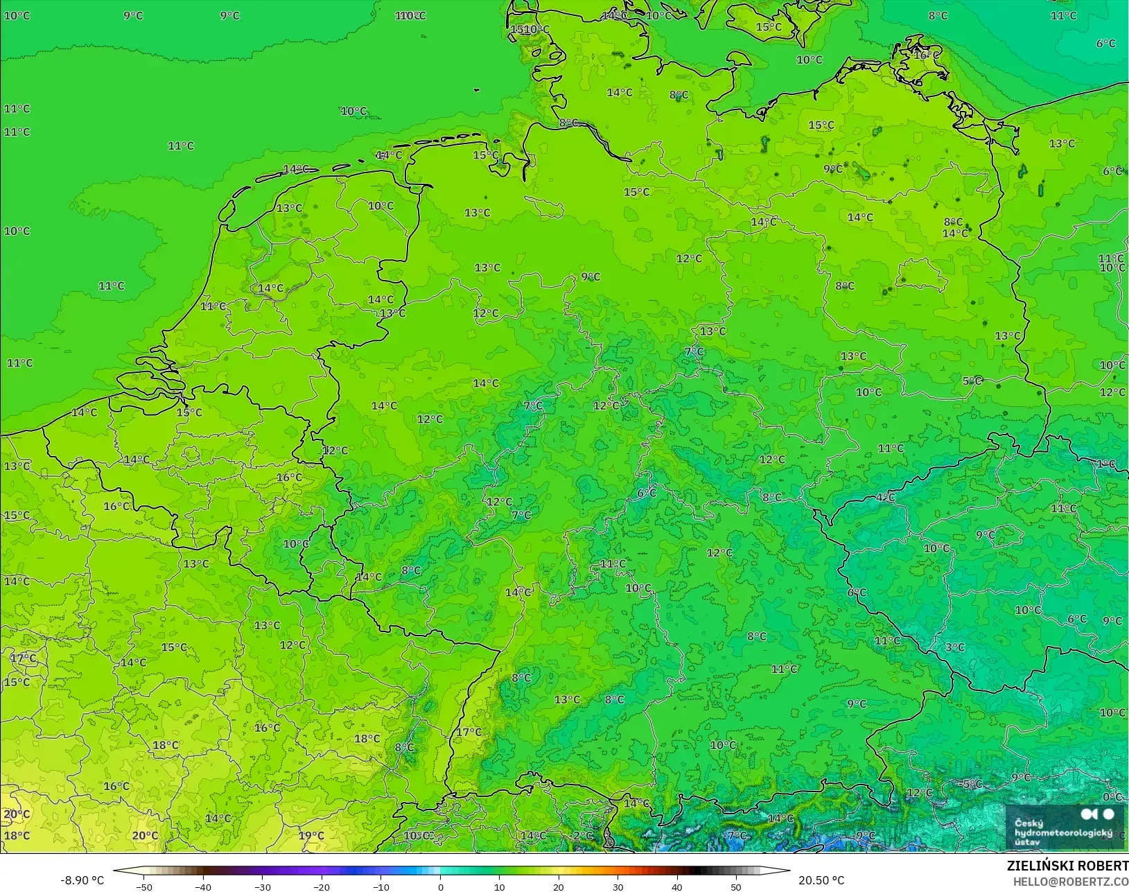 ALADIN CZ 2.3 km model - Germany, Temperature at 2m