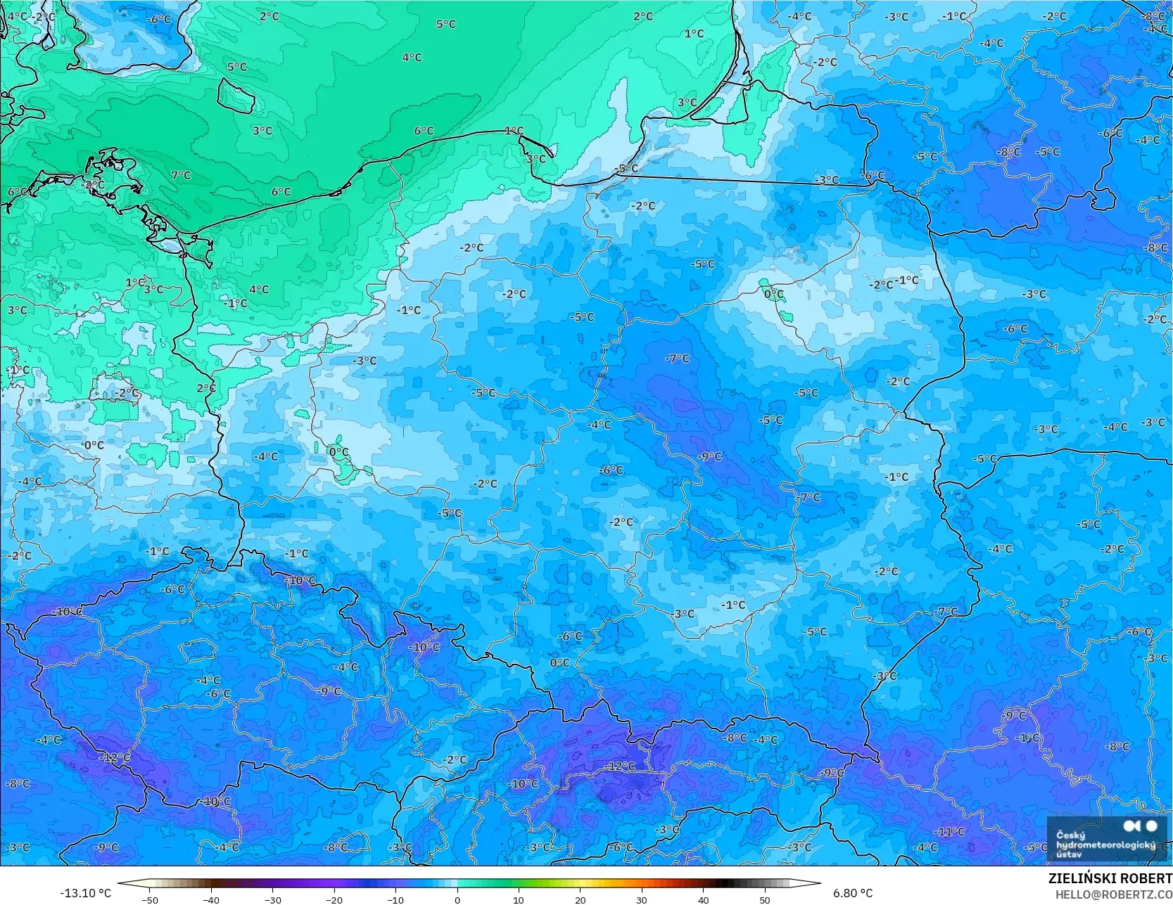 ALADIN CZ 2.3 km model - Poland, Dewpoint at 2m
