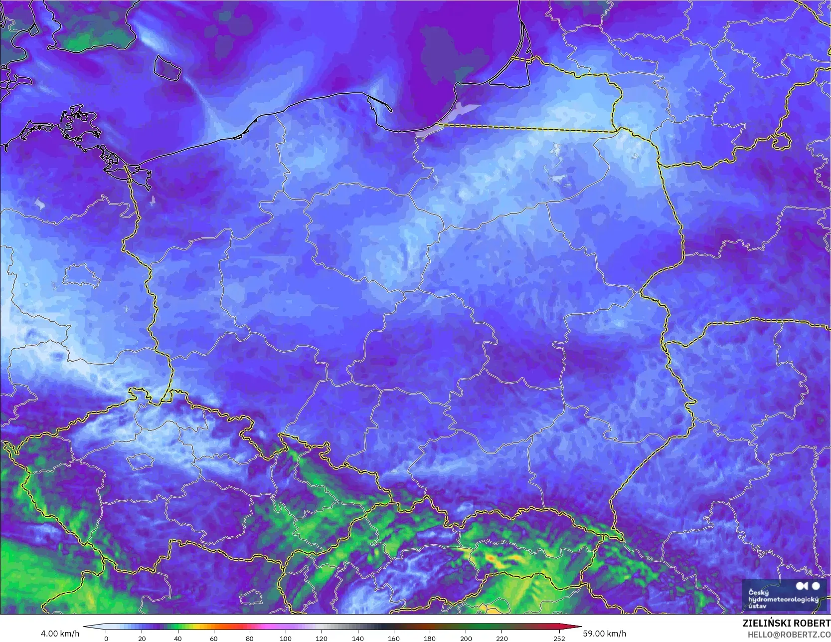 ALADIN CZ 2.3 km model - Poland, Wind Gusts
