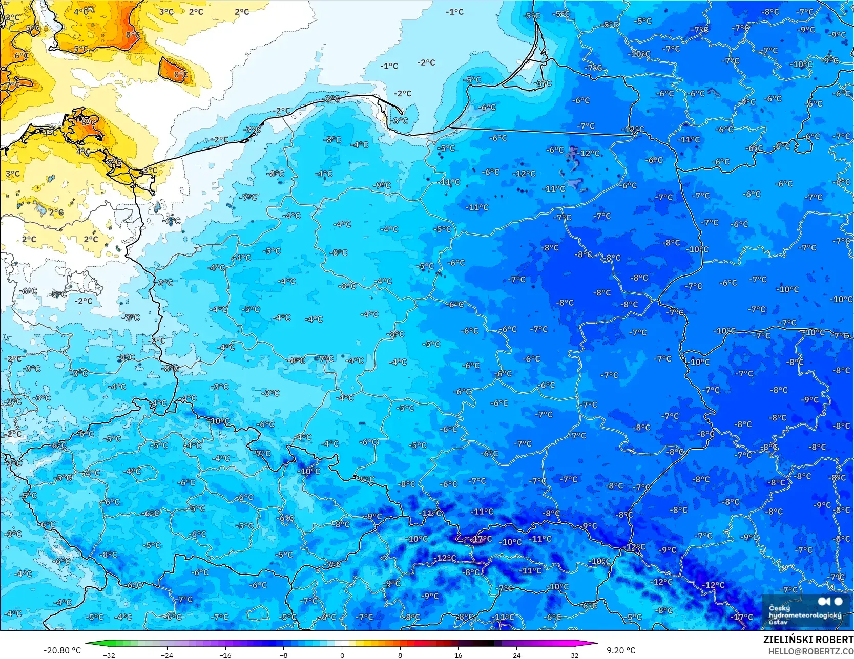 ALADIN CZ 2.3 km model - Poland, Temperature at 2m Anomaly