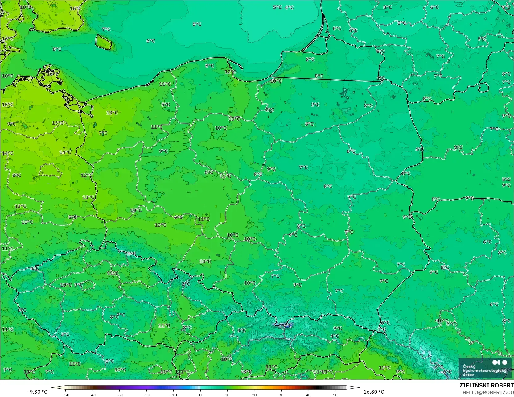 ALADIN CZ 2.3 km model - Poland, Temperature at 2m