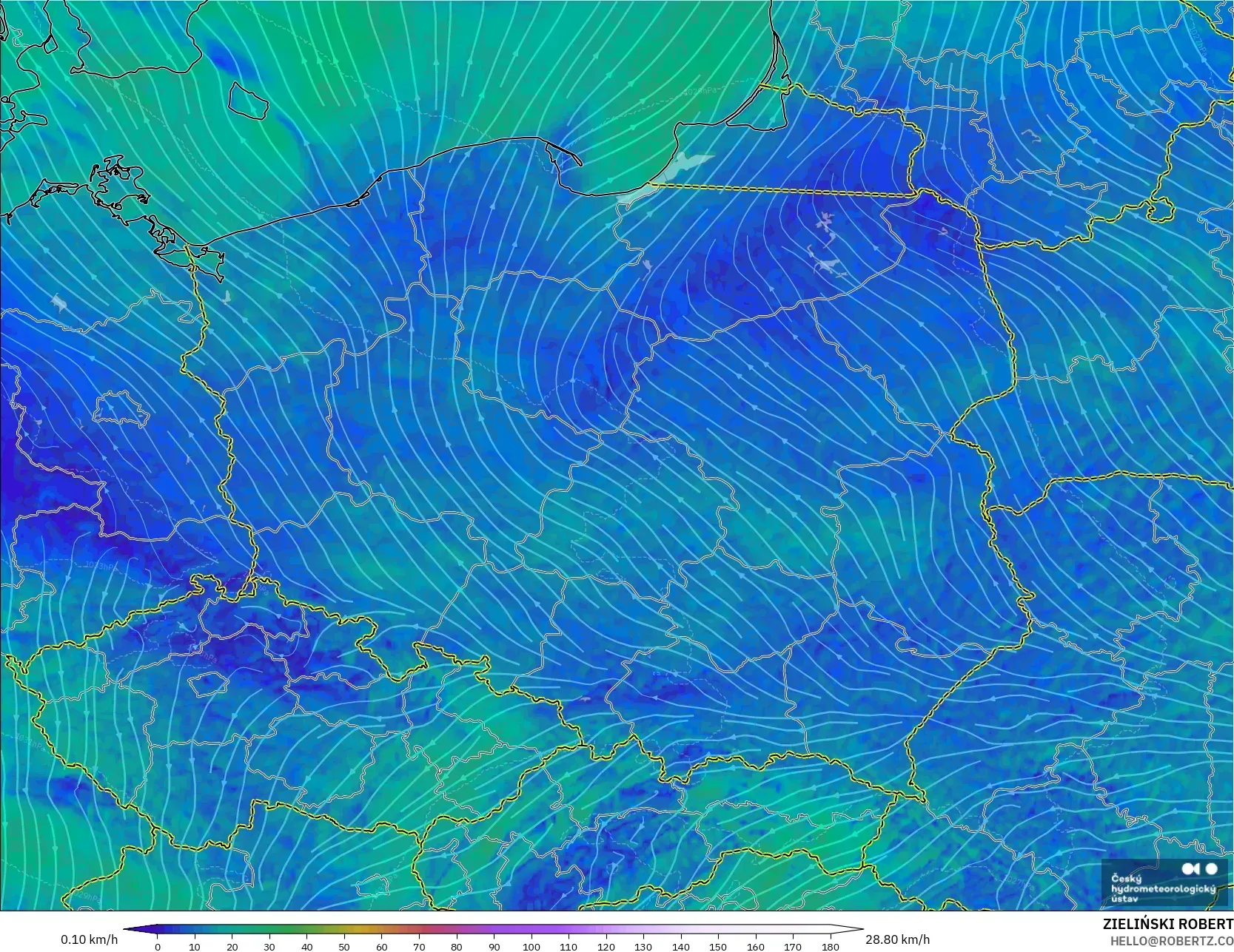 ALADIN CZ 2.3 km model - Poland, Wind at 10m