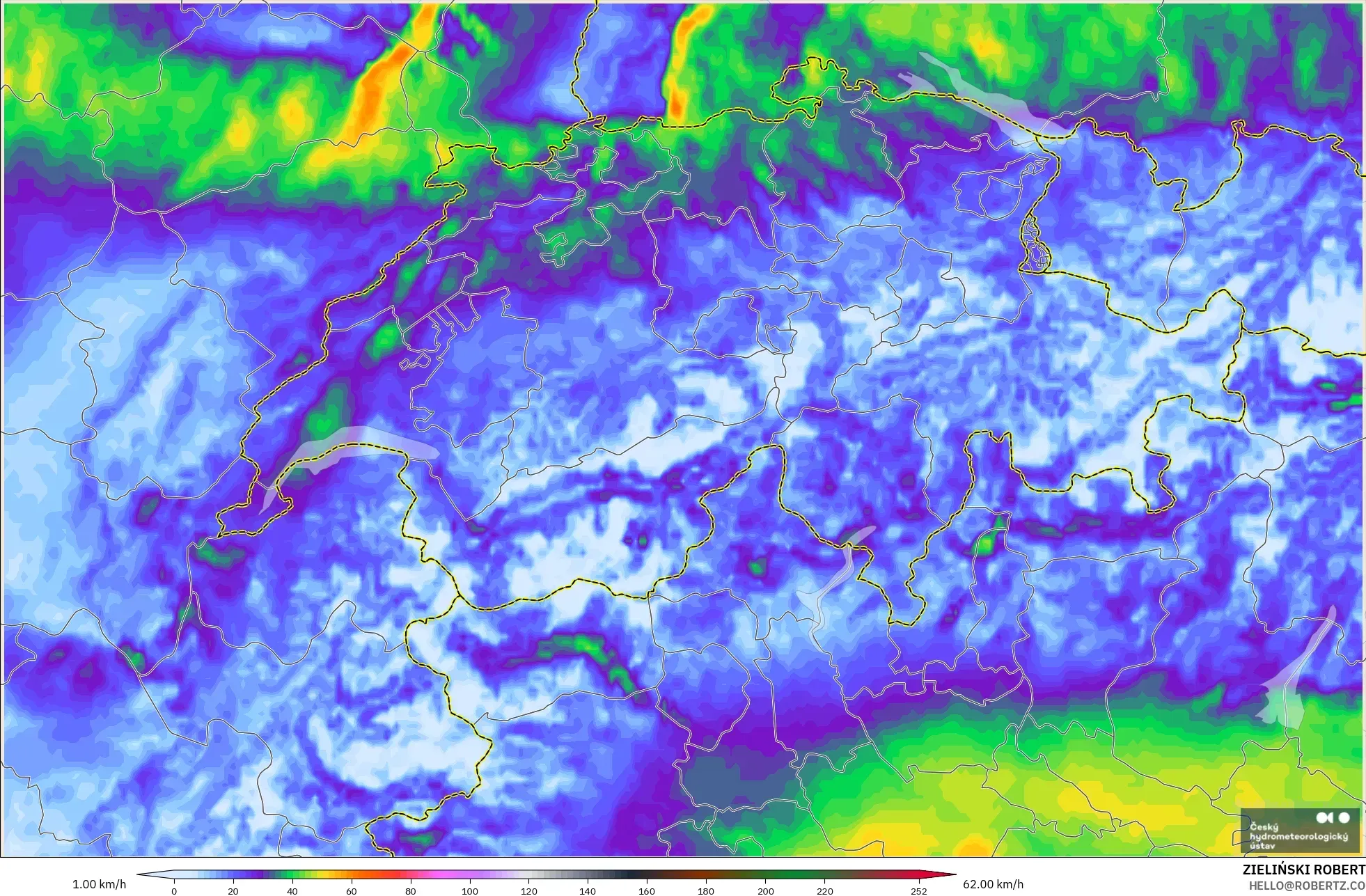 ALADIN CZ 2.3 km model - Switzerland, Wind Gusts