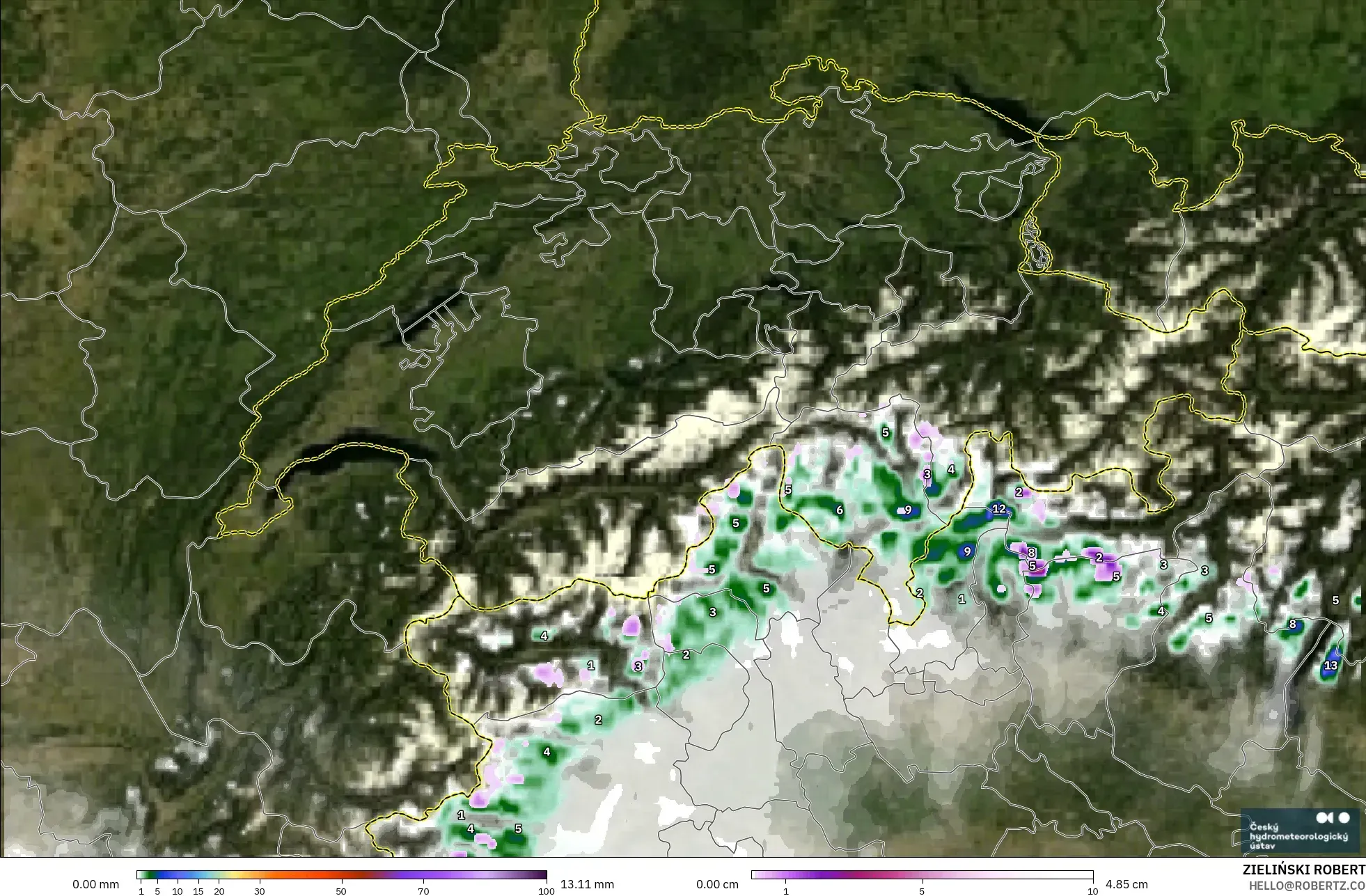 ALADIN CZ 2.3 km model - Switzerland, Precipitation, Clouds, and Pressure