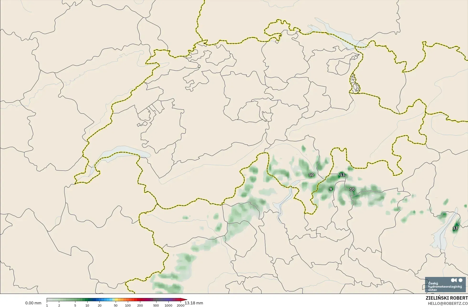 ALADIN CZ 2.3 km model - Switzerland, Precipitation Accumulation