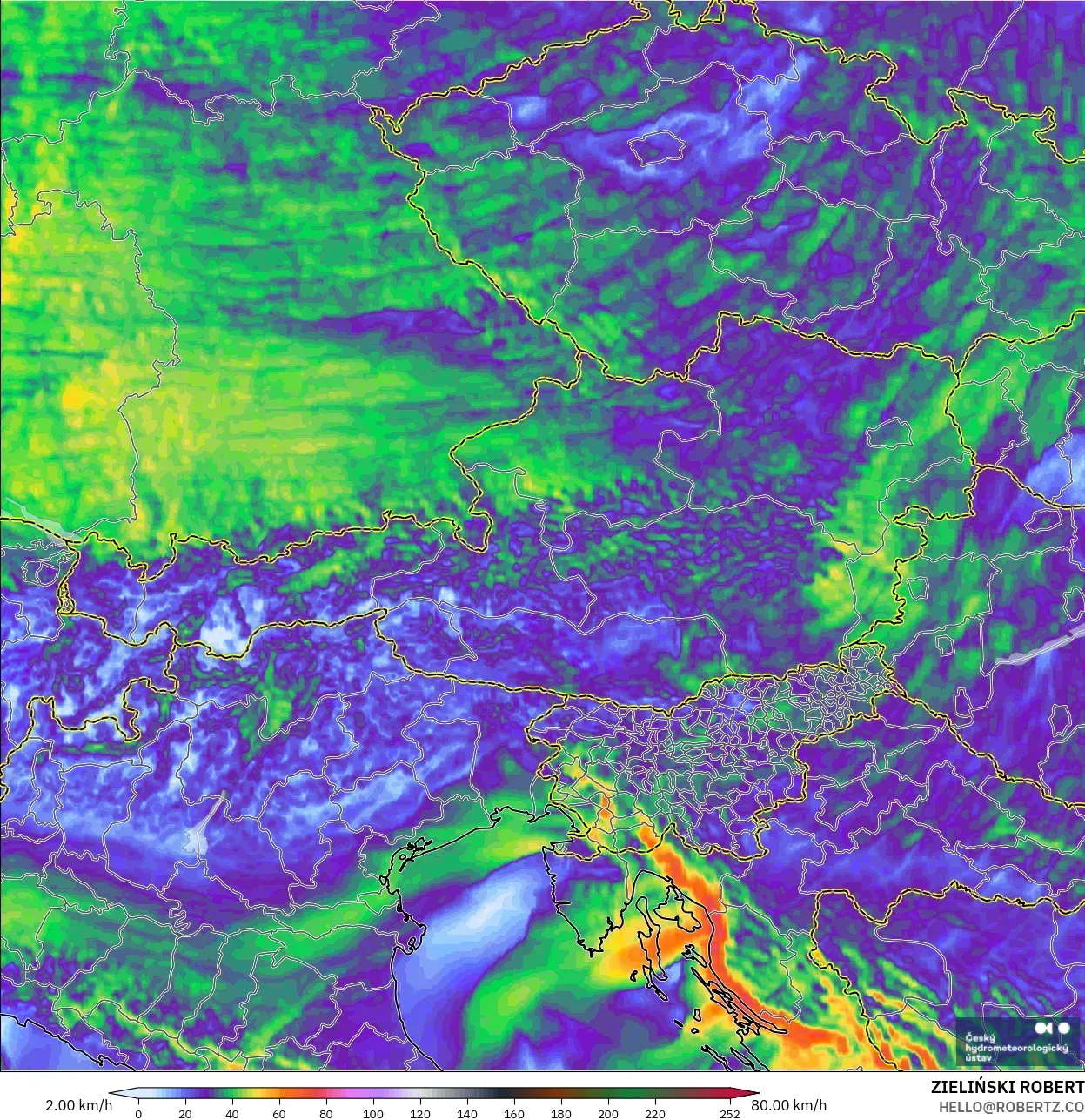 ALADIN CZ 2.3 km model - Austria, Wind Gusts