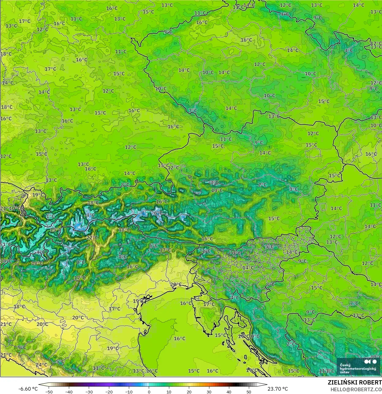 ALADIN CZ 2.3 km model - Austria, Temperature at 2m
