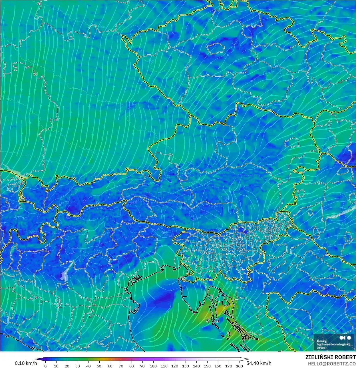 ALADIN CZ 2.3 km model - Austria, Wind at 10m