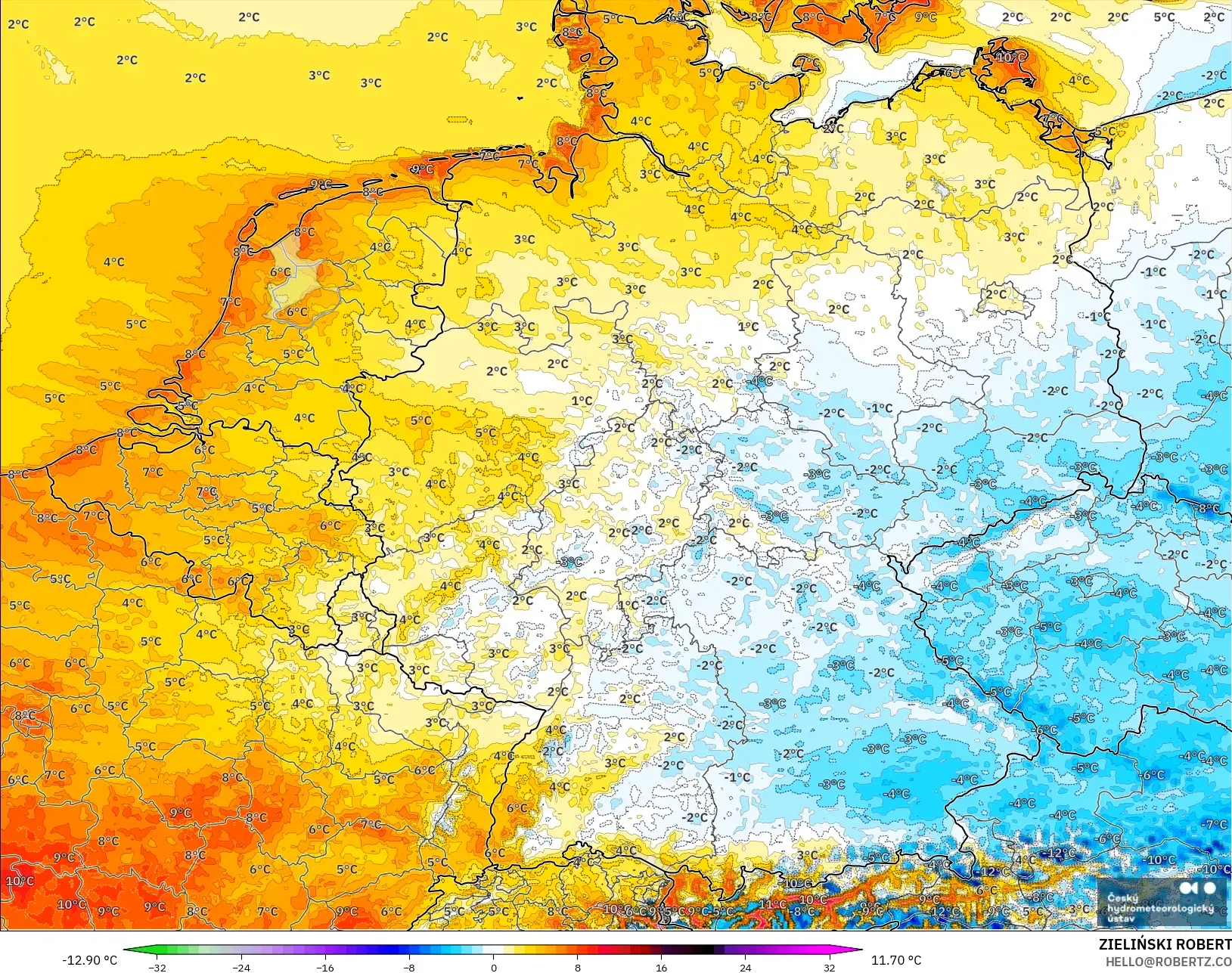 ALADIN CZ 2.3 km model - Germany, Temperature at 2m Anomaly