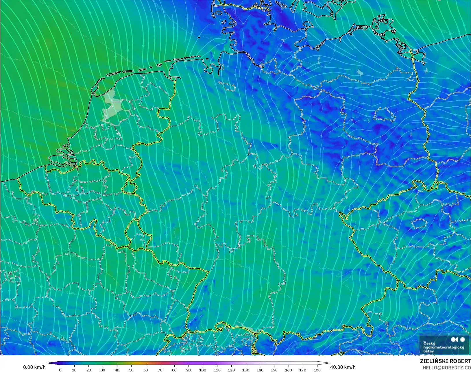 ALADIN CZ 2.3 km model - Germany, Wind at 10m