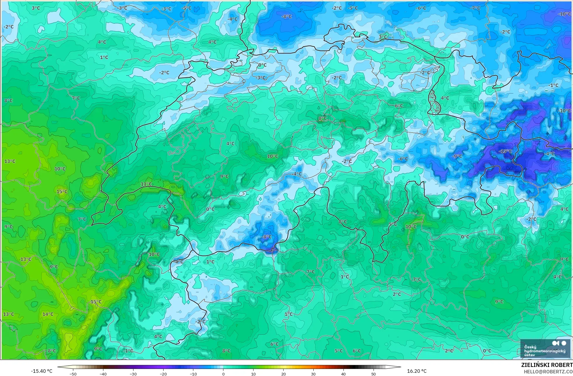 ALADIN CZ 2.3 km model - Switzerland, Dewpoint at 2m