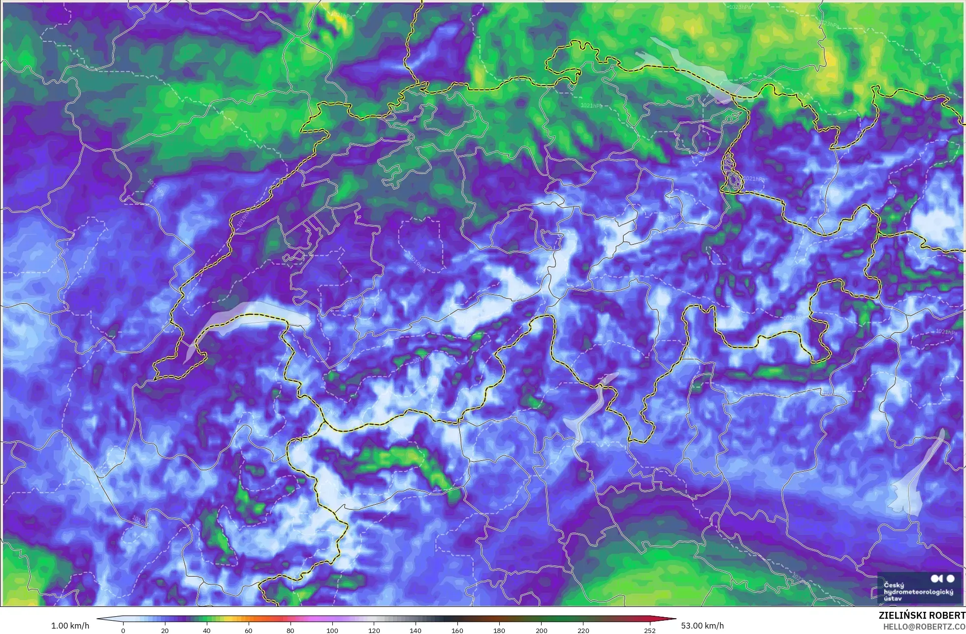 ALADIN CZ 2.3 km model - Switzerland, Wind Gusts Peak