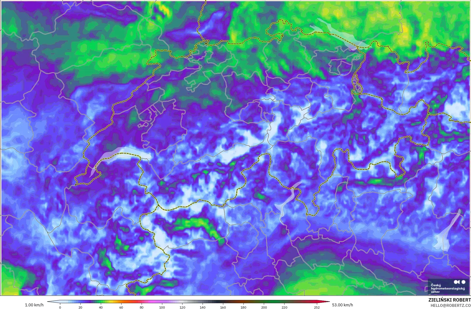 ALADIN CZ 2.3 km model - Switzerland, Wind Gusts