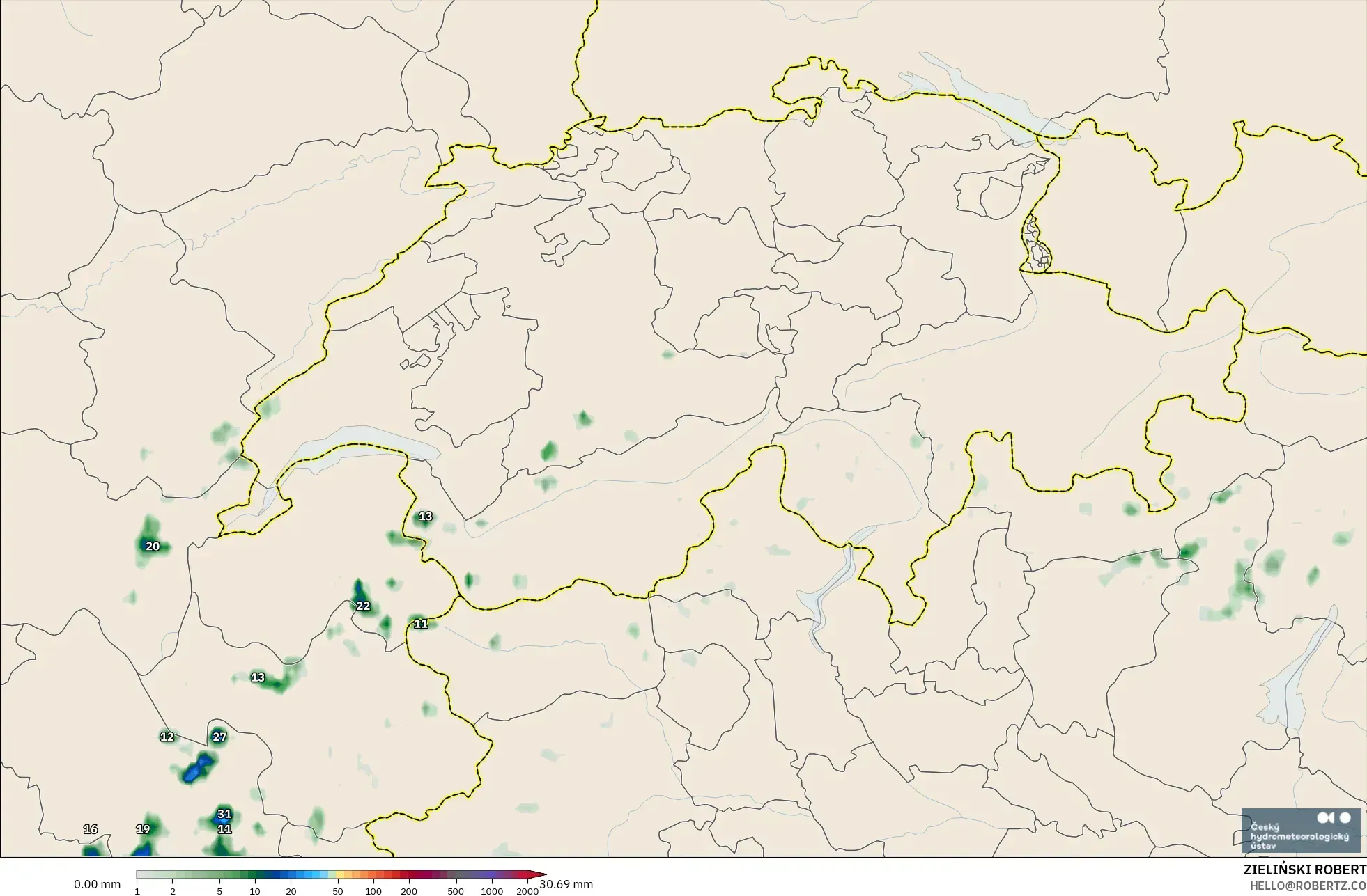 ALADIN CZ 2.3 km model - Switzerland, Precipitation Accumulation