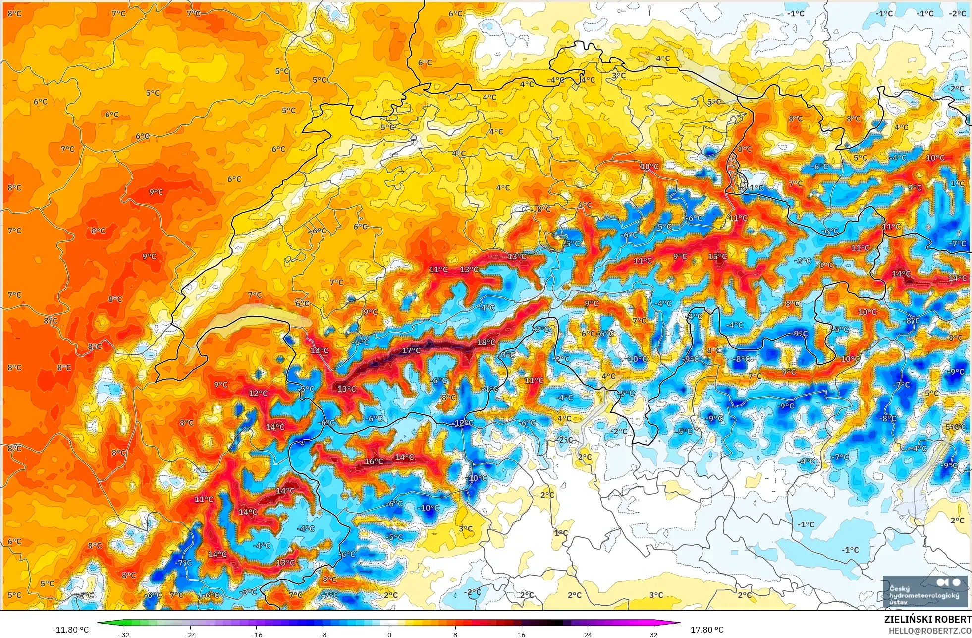 ALADIN CZ 2.3 km model - Switzerland, Temperature at 2m Anomaly