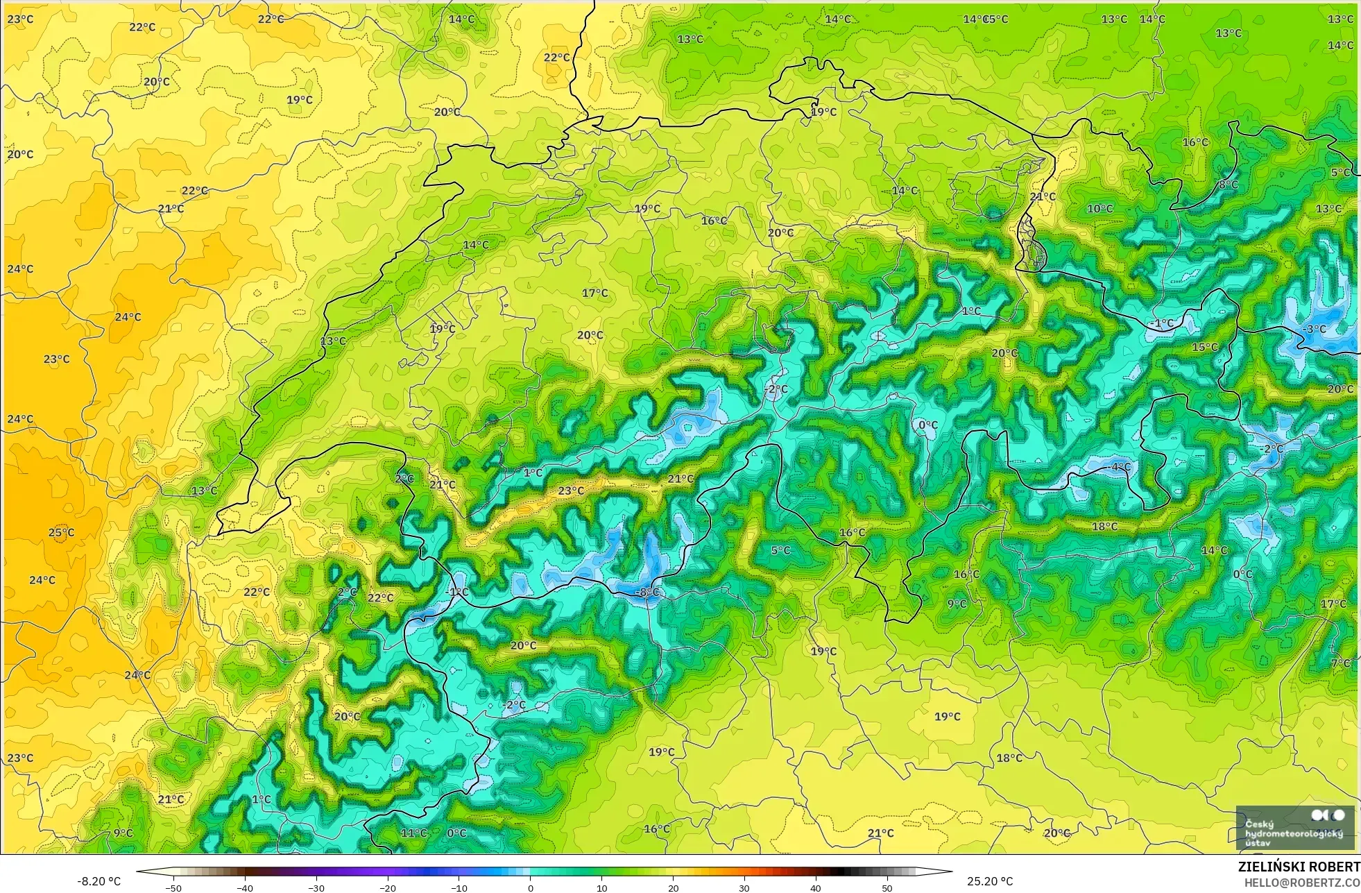 ALADIN CZ 2.3 km model - Switzerland, Temperature at 2m