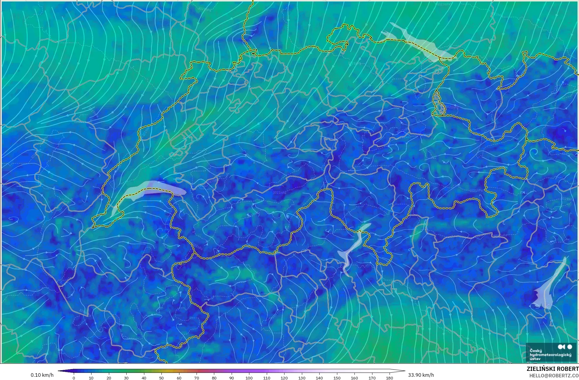 ALADIN CZ 2.3 km model - Switzerland, Wind at 10m