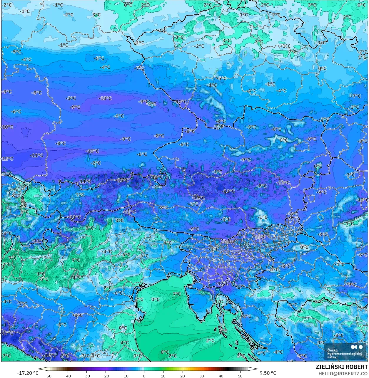 ALADIN CZ 2.3 km model - Austria, Dewpoint at 2m