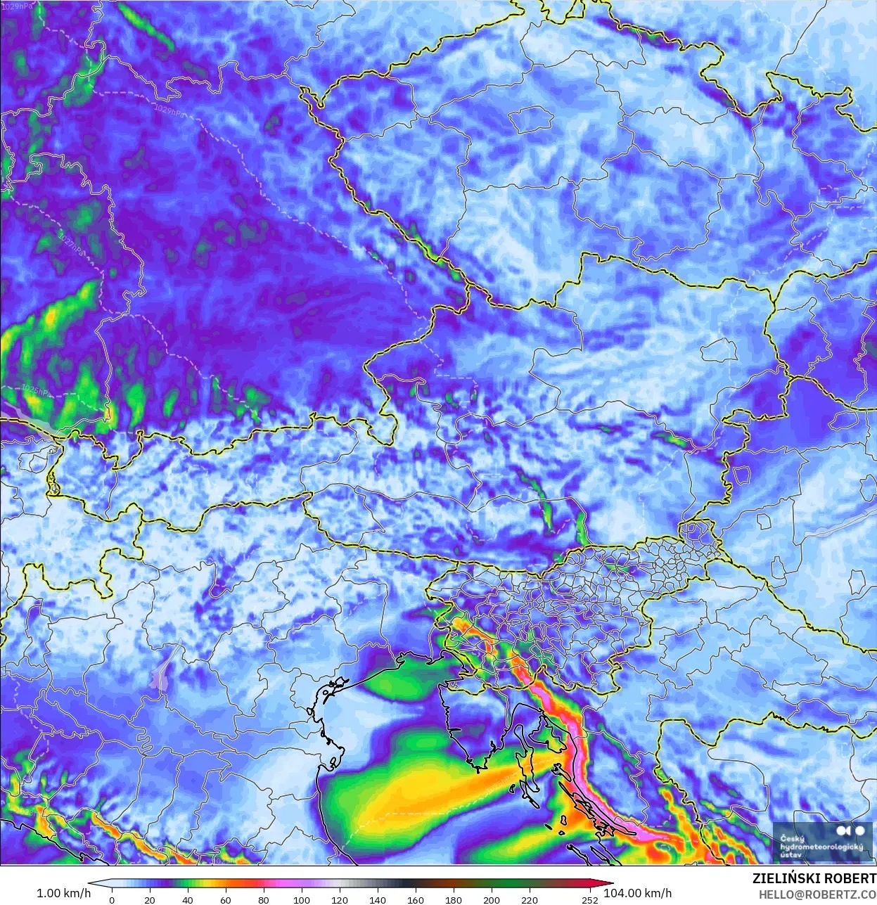 ALADIN CZ 2.3 km model - Austria, Wind Gusts Peak