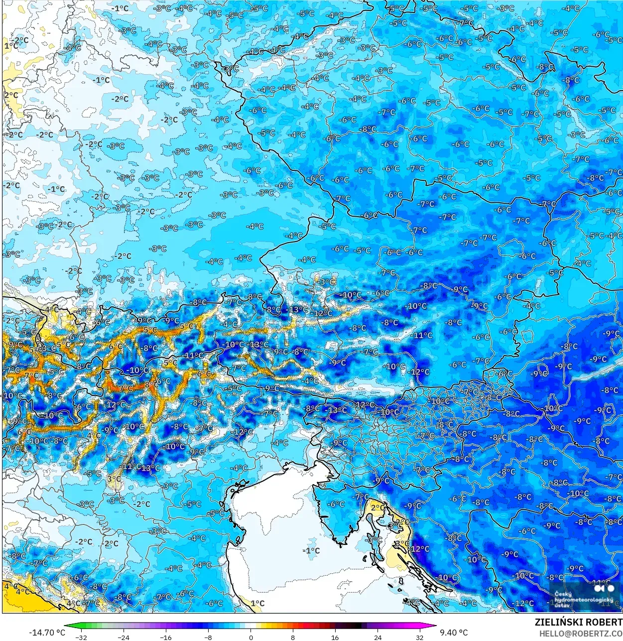 ALADIN CZ 2.3 km model - Austria, Temperature at 2m Anomaly