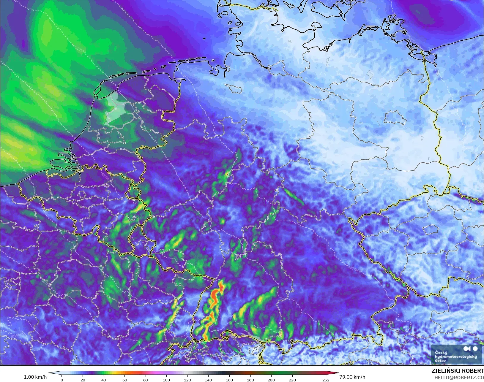 ALADIN CZ 2.3 km model - Germany, Wind Gusts Peak