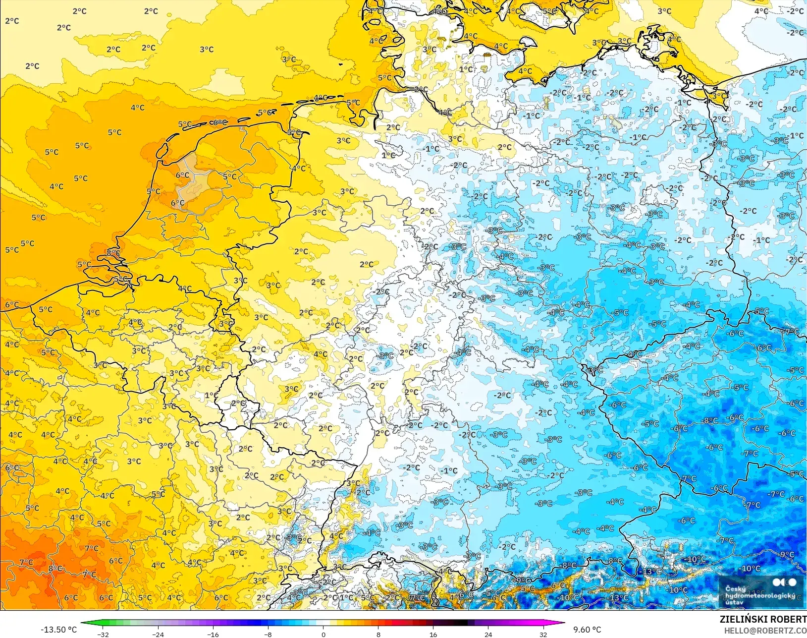 ALADIN CZ 2.3 km model - Germany, Temperature at 2m Anomaly