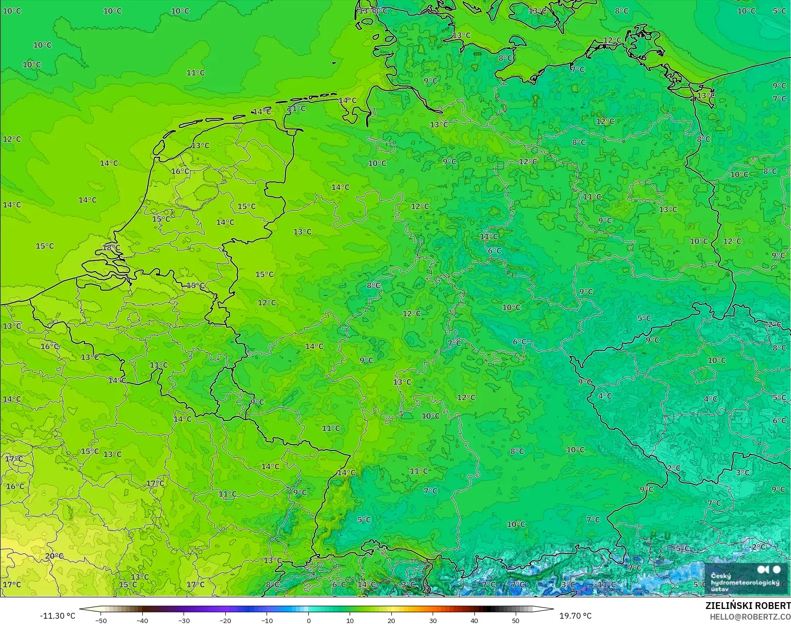 ALADIN CZ 2.3 km model - Germany, Temperature at 2m