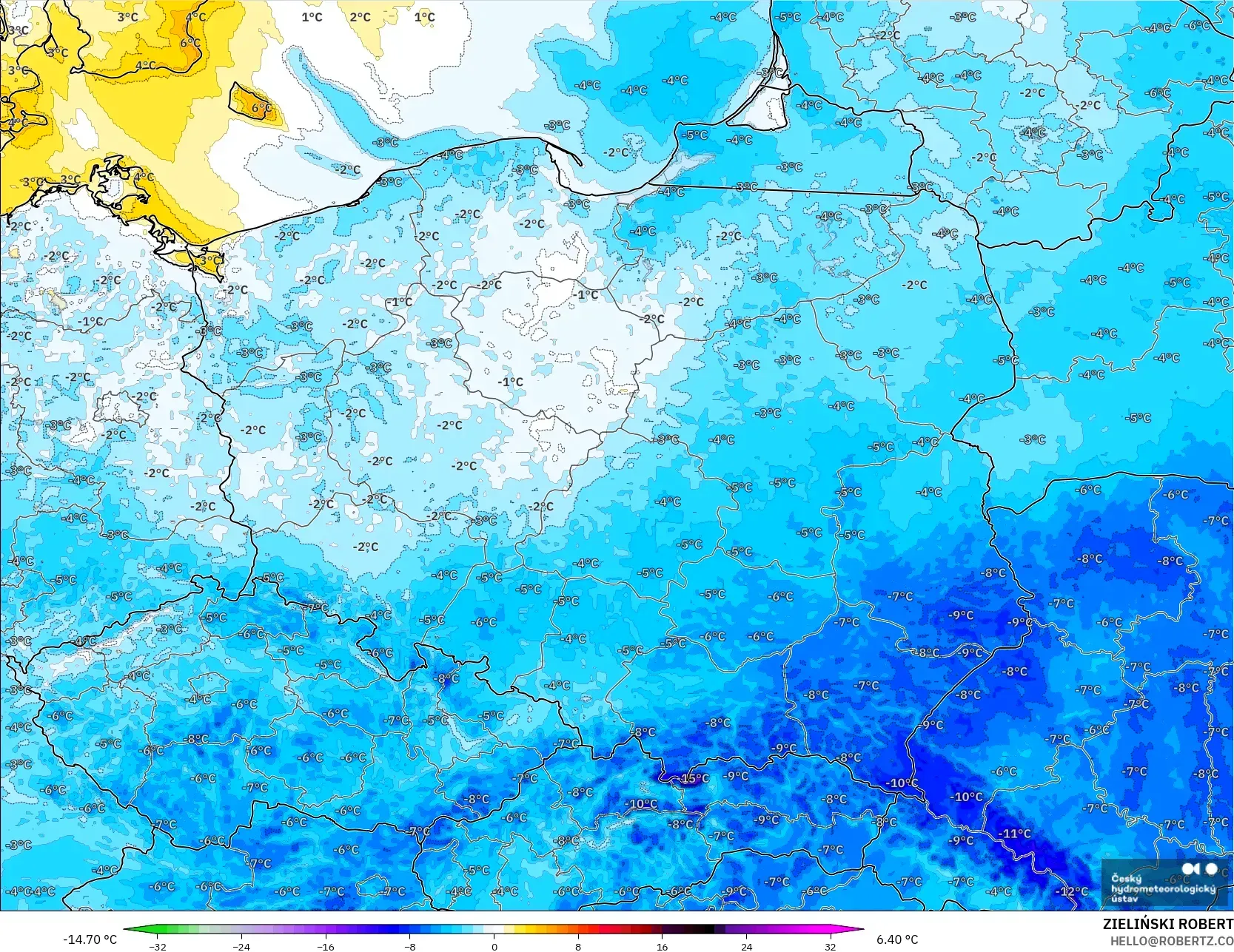 ALADIN CZ 2.3 km model - Poland, Temperature at 2m Anomaly