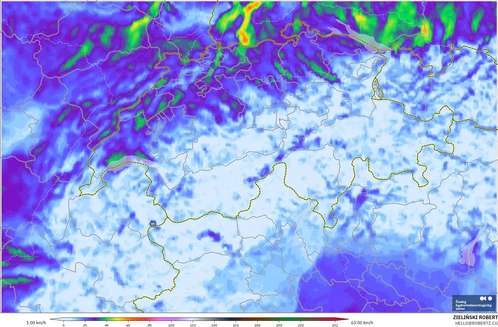 ALADIN CZ 2.3 km model - Switzerland, Wind Gusts Peak