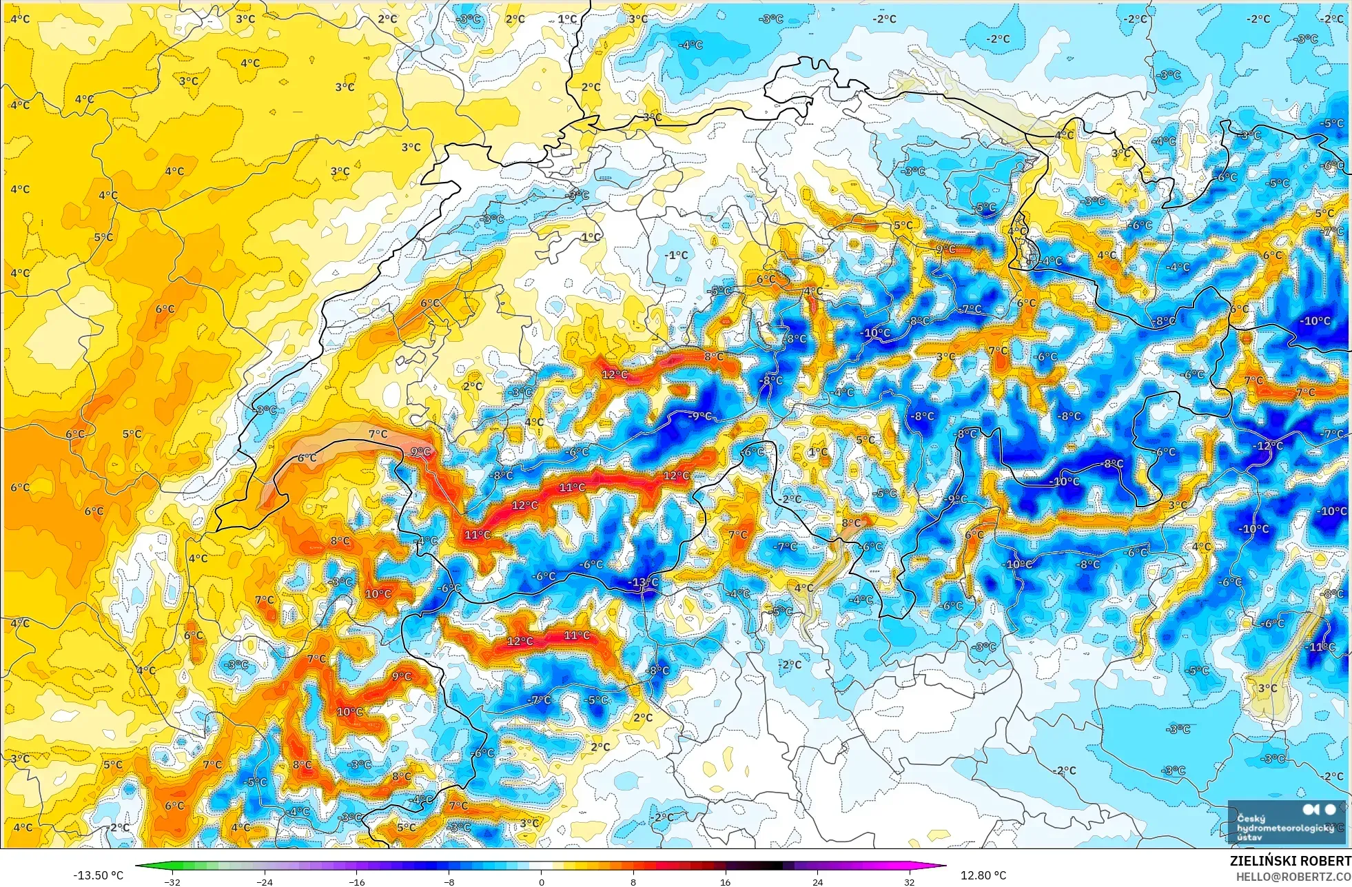 ALADIN CZ 2.3 km model - Switzerland, Temperature at 2m Anomaly