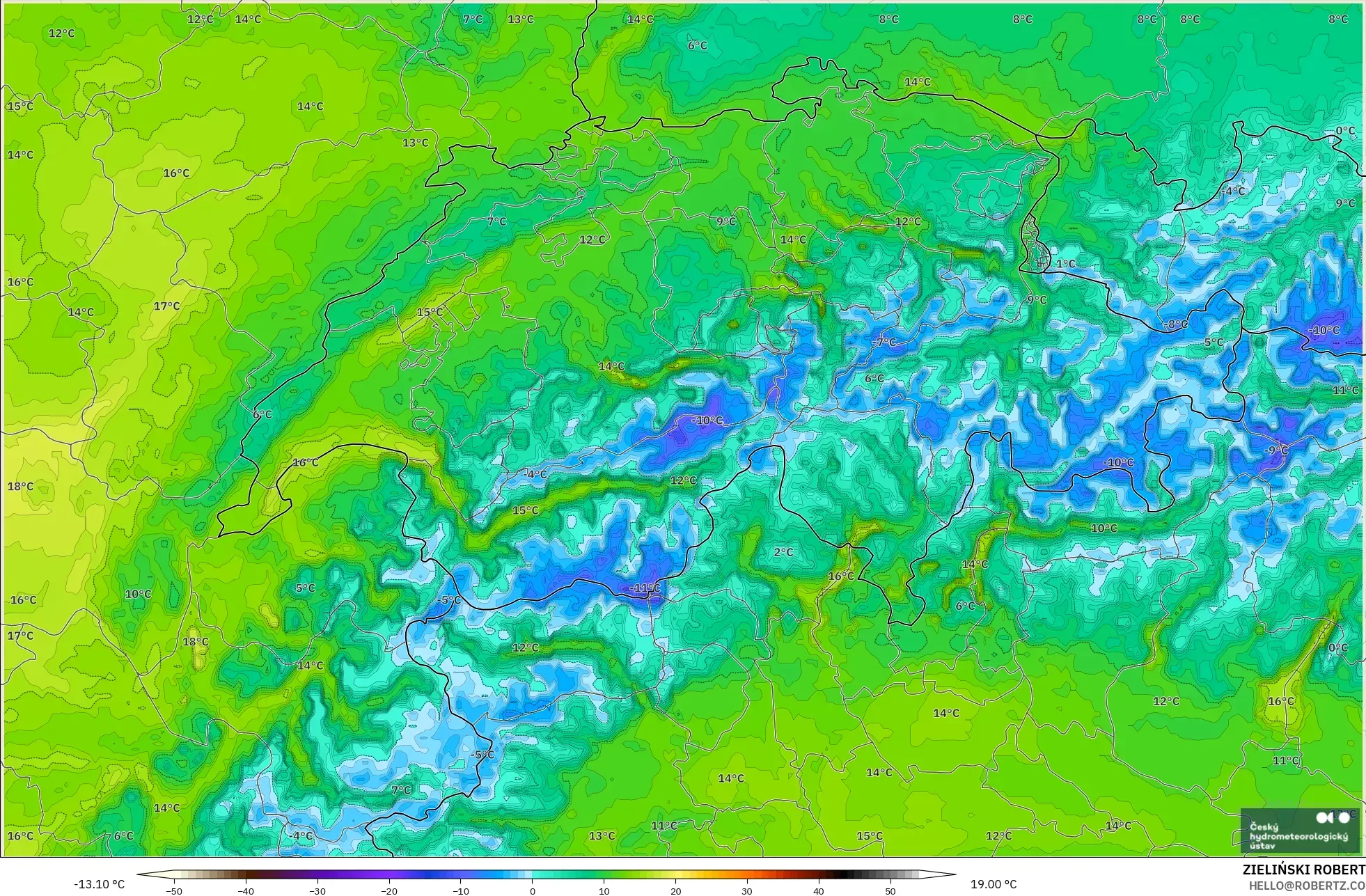 ALADIN CZ 2.3 km model - Switzerland, Temperature at 2m