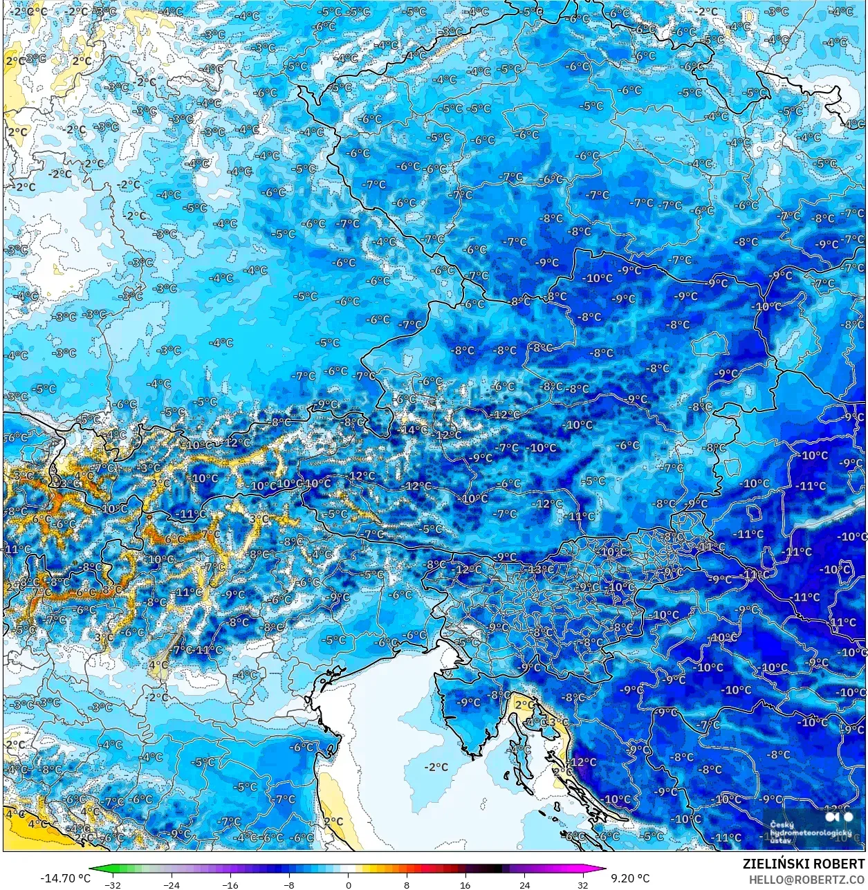 ALADIN CZ 2.3 km model - Austria, Temperature at 2m Anomaly
