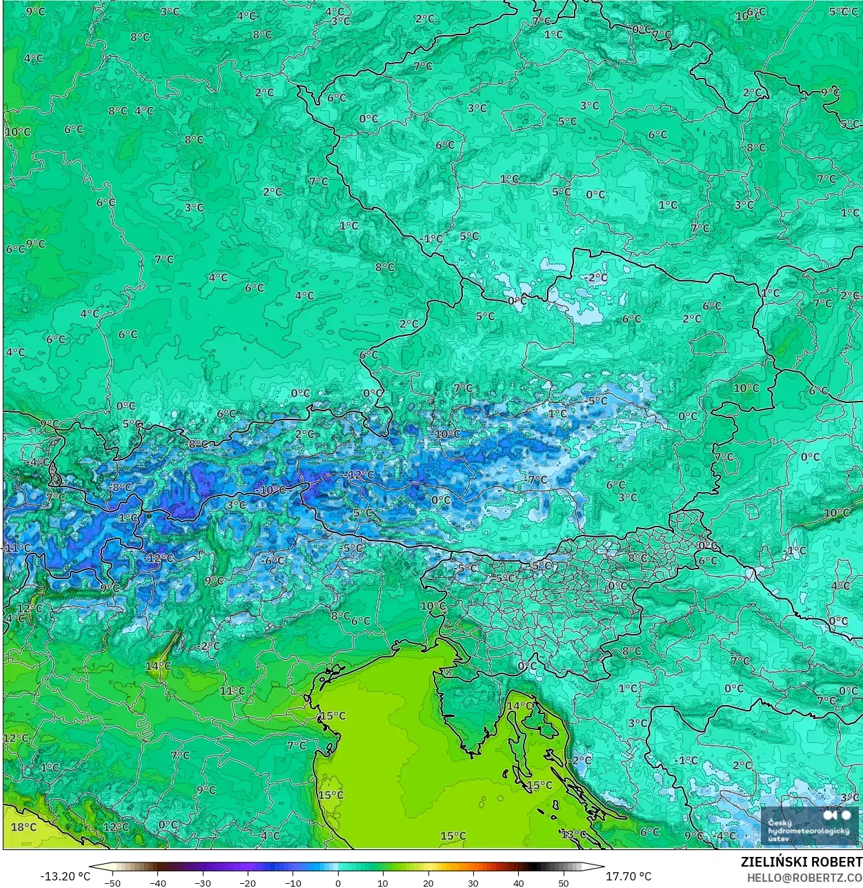 ALADIN CZ 2.3 km model - Austria, Temperature at 2m