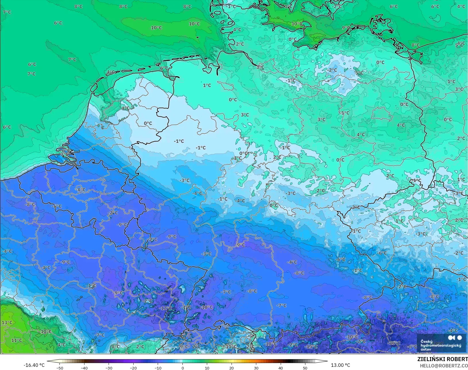 ALADIN CZ 2.3 km model - Germany, Dewpoint at 2m