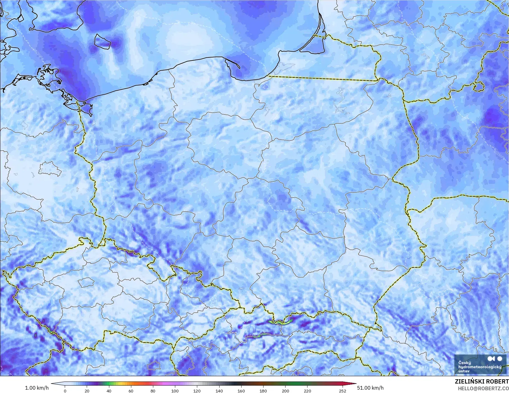 ALADIN CZ 2.3 km model - Poland, Wind Gusts Peak