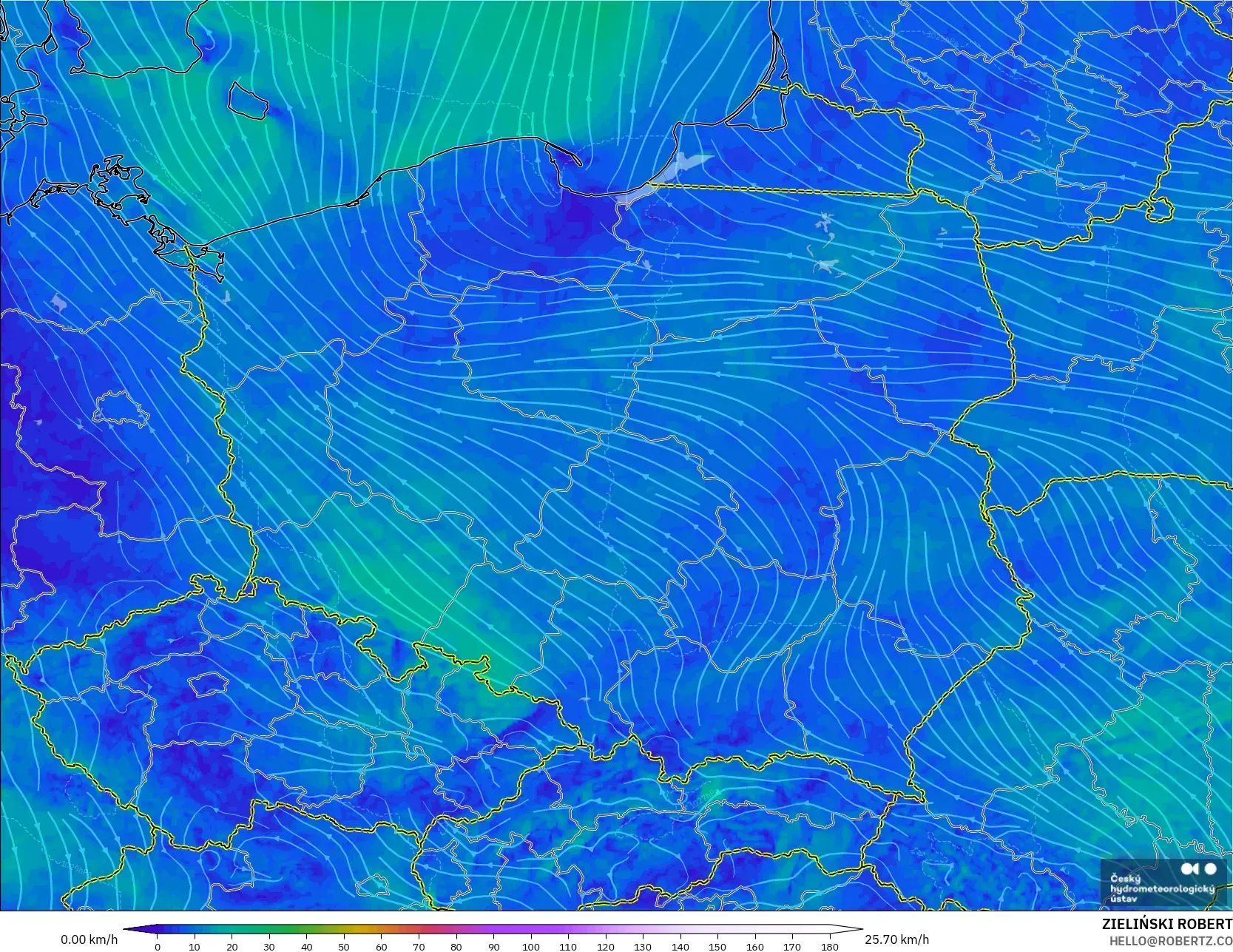 ALADIN CZ 2.3 km model - Poland, Wind at 10m