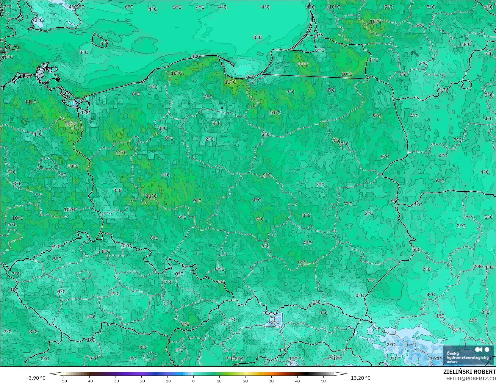 ALADIN CZ 2.3 km model - Poland, Dewpoint at 2m