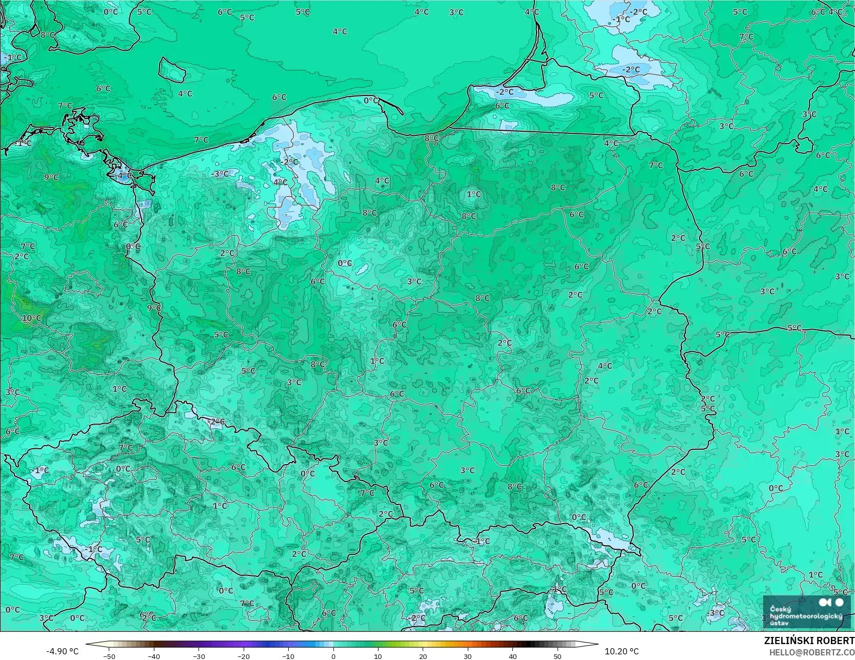 ALADIN CZ 2.3 km model - Poland, Dewpoint at 2m