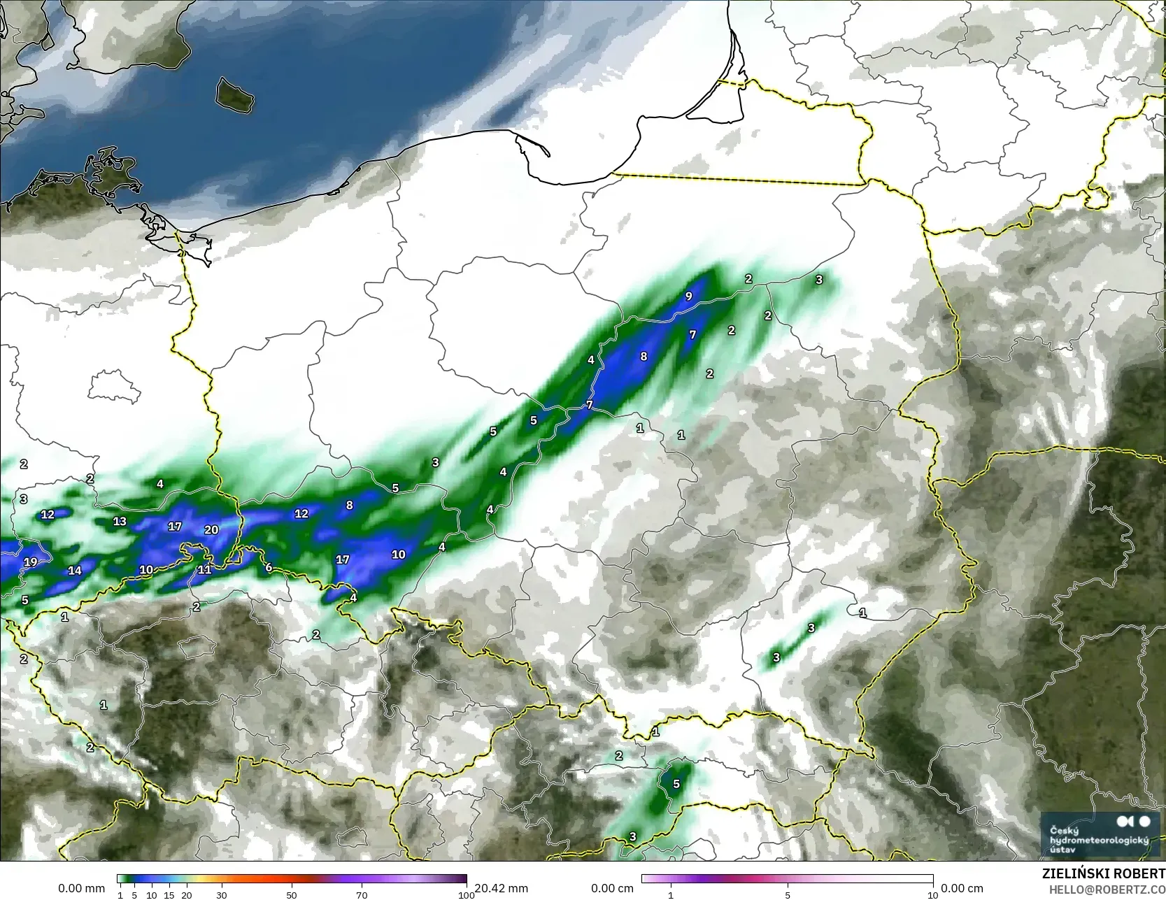 ALADIN CZ 2.3 km model - Poland, Precipitation, Clouds, and Pressure