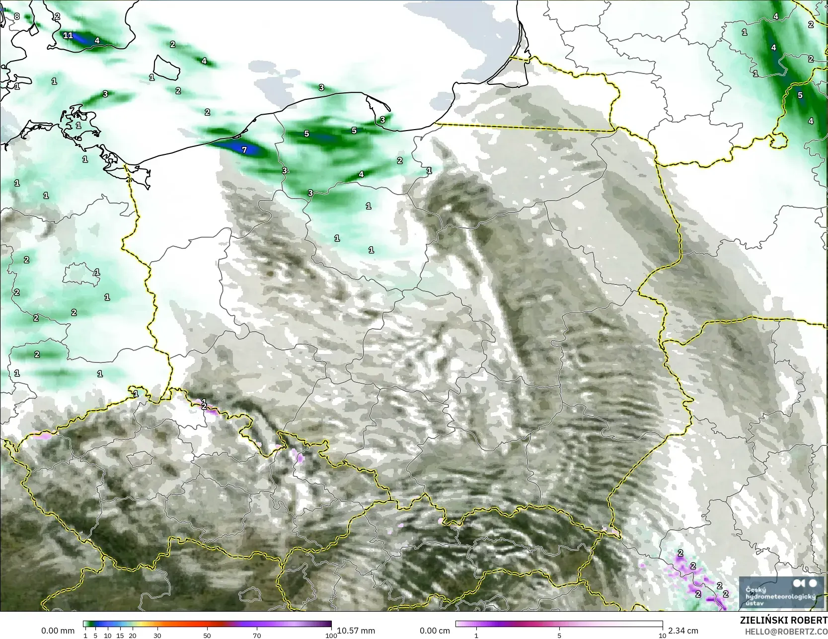 ALADIN CZ 2.3 km model - Poland, Precipitation, Clouds, and Pressure