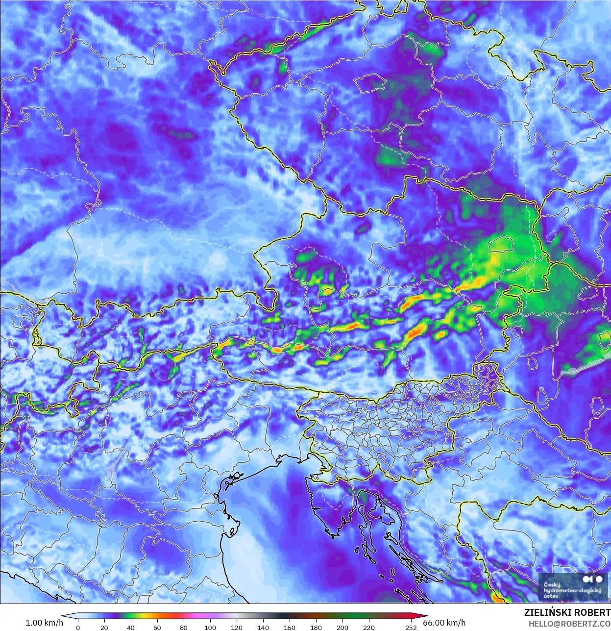 ALADIN CZ 2.3 km model - Austria, Wind Gusts Peak
