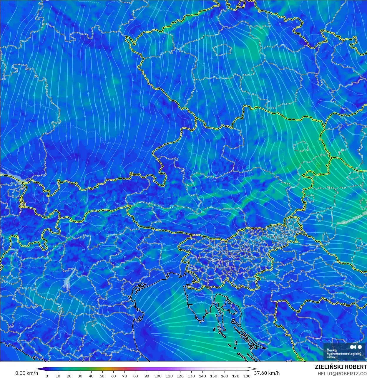 ALADIN CZ 2.3 km model - Austria, Wind at 10m