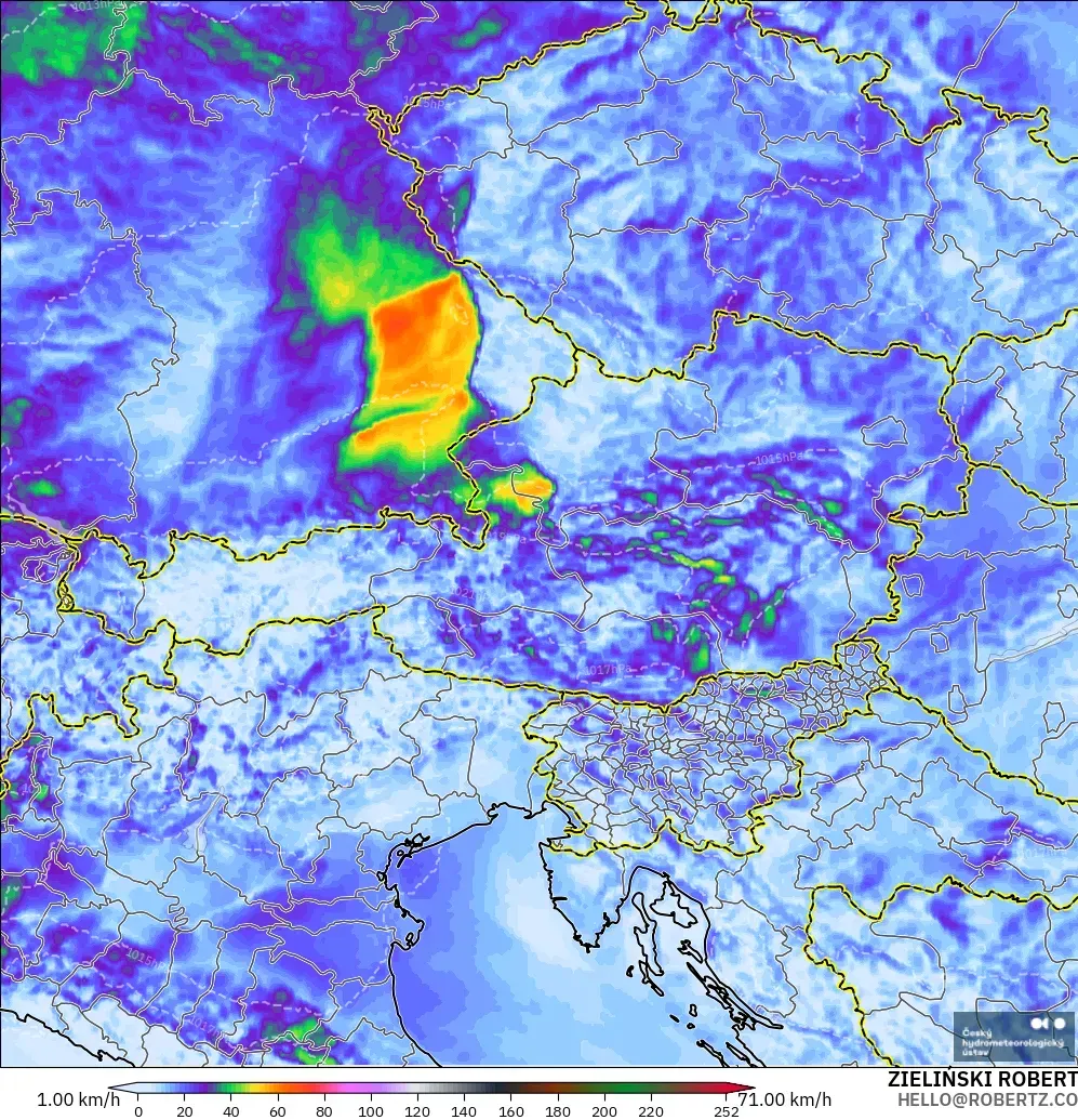 ALADIN CZ 2.3 km modelo - Austria, Wind Gusts Peak