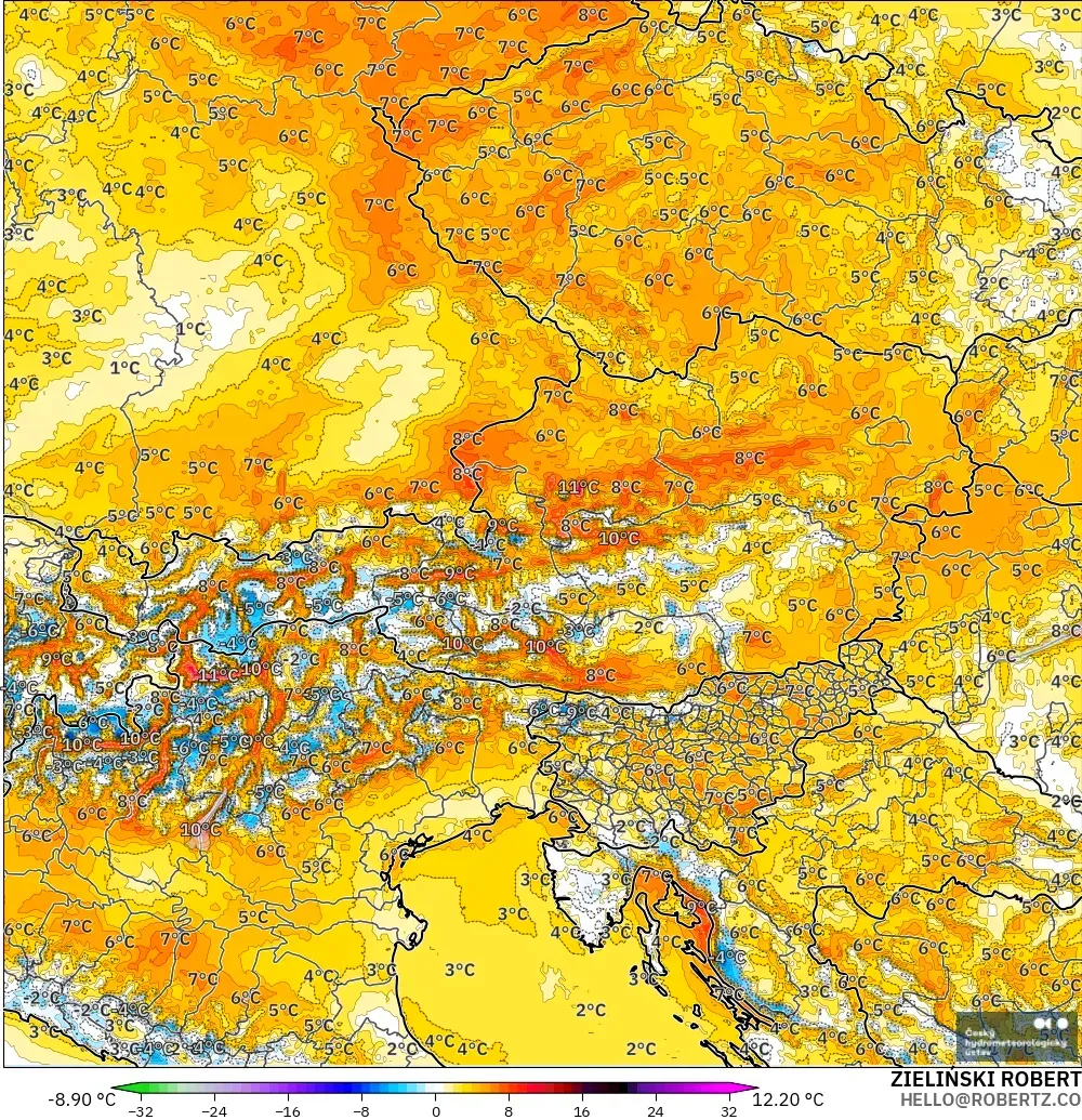 ALADIN CZ 2.3 km model - Austria, Anomali Suhu 2 m